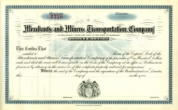 Merchants and Miners Transportation Co. - Stock Certificate