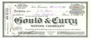 Gould and Curry Mining Co. - dated 1912-1927 San Francisco, California Mining Stock Certificate - Related to the Comstock Lode