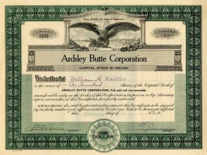 Ardsley Butte Corporation - 1930 dated Mining Stock Certificate