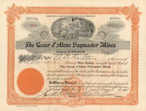 Coeur d'Alene Paymaster Mines - Stock Certificate