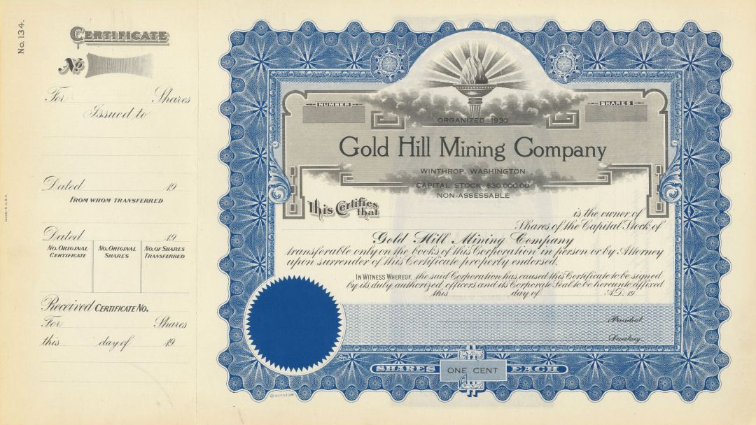 Gold Hill Mining Co. - circa 1930's Winthrop, Washington Unissued Mining Stock Certificate