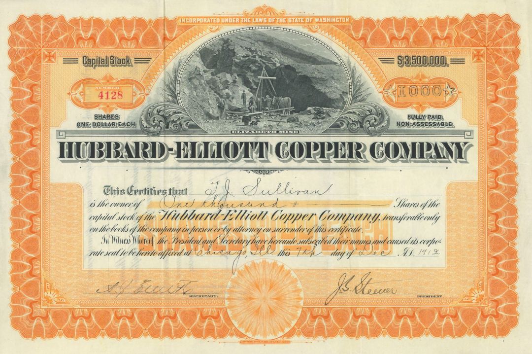 Hubbard-Elliott Copper Company - Elizabeth Mine - 1912 dated Alaska and Washington Mining Stock Certificate