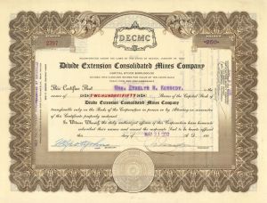 Divide Extension Consolidated Mines Co. - 1930's Stock Certificate