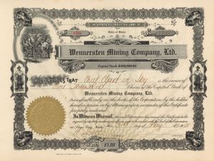 Wennersten Mining Co., Ltd. - 1921 dated Stock Certificate