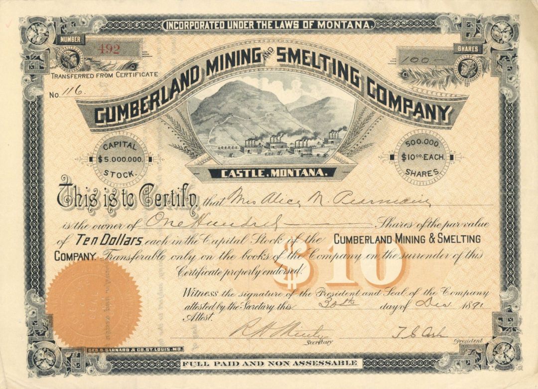 Cumberland Mining and Smelting Co. - Stock Certificate