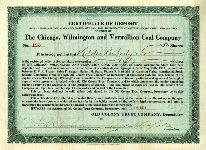 Chicago, Wilmington and Vermillion Coal Co. - Stock Certificate