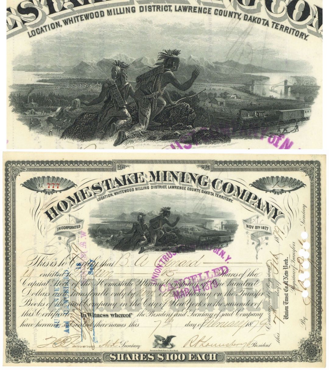 Homestake Mining Co. - 1879 dated Dakota Territory Mining Stock Certificate - Whitewood Milling District, Lawrence County, Dakota Territory