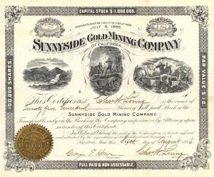 Sunnyside Gold Mining Co. of California - 1890's dated California Mining Stock Certificate
