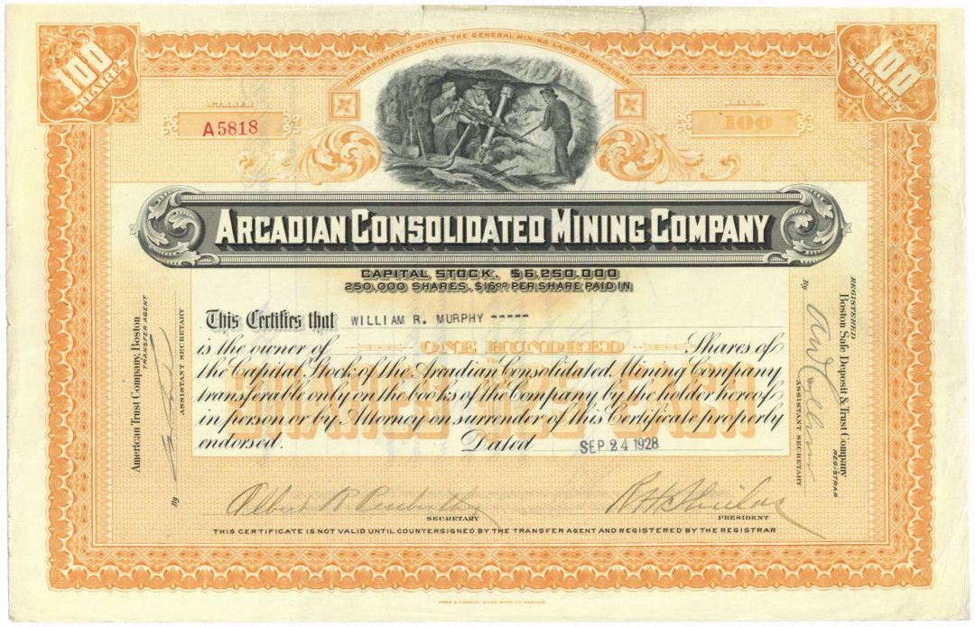 Arcadian Consolidated Mining Co. - Exact Piece Shown - 1928 dated Michigan Mining Stock Certificate