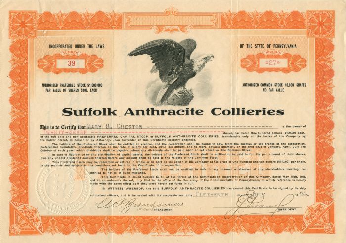 Suffolk Anthracite Collieries - Stock Certificate