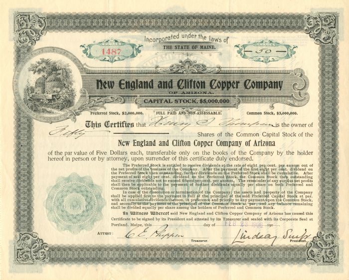 New England and Clifton Copper Co. - Stock Certificate