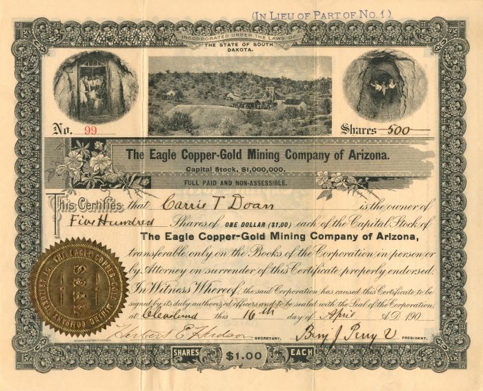 Eagle Copper-Gold Mining Co. of Arizona - Stock Certificate