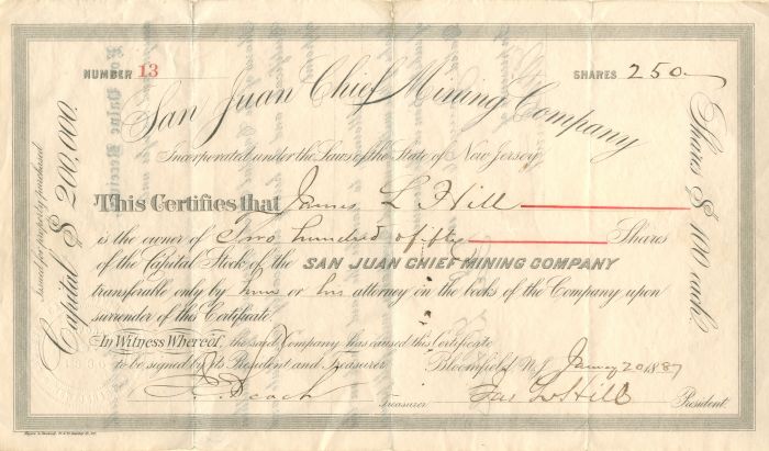 San Juan Chief Mining Co. - Stock Certificate - Bloomfield, New Jersey