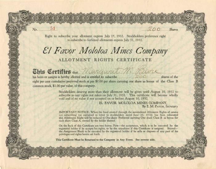 El Favor Mololoa Mines Co. - Stock Certificate