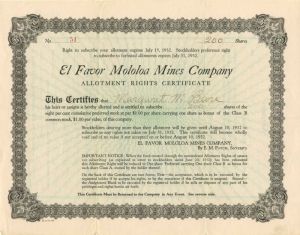 El Favor Mololoa Mines Co. - Stock Certificate