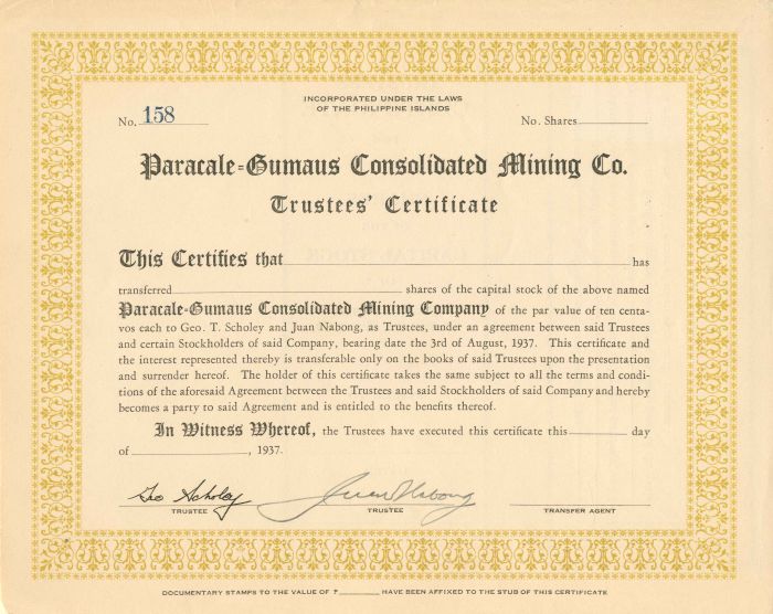 Paracale-Gumaus Consolidated Mining Co. - Stock Certificate