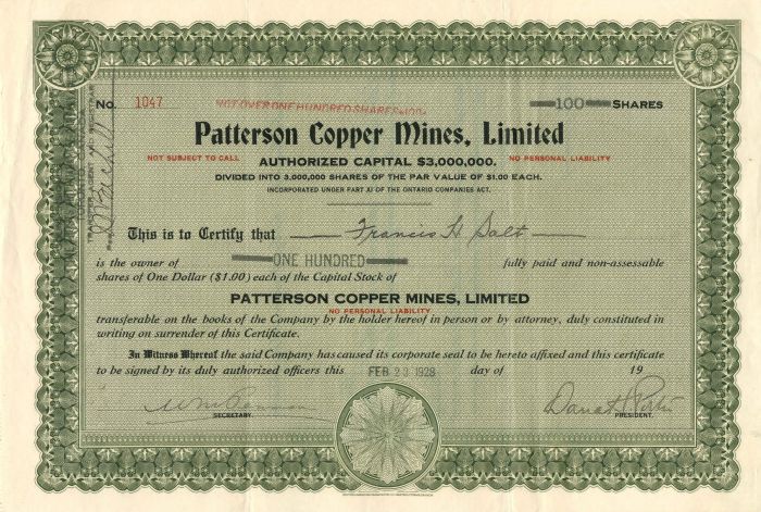 Patterson Copper Mines, Limited - Stock Certificate