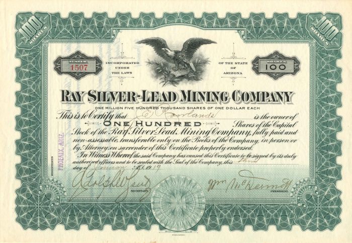 Ray Silver-Lead Mining Co. - Stock Certificate