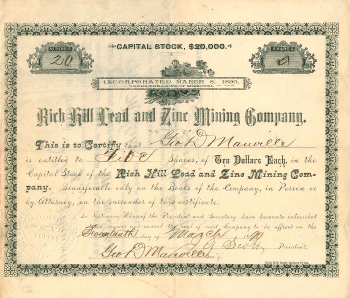 Rich Hill Lead and Zinc Mining Co. - Stock Certificate
