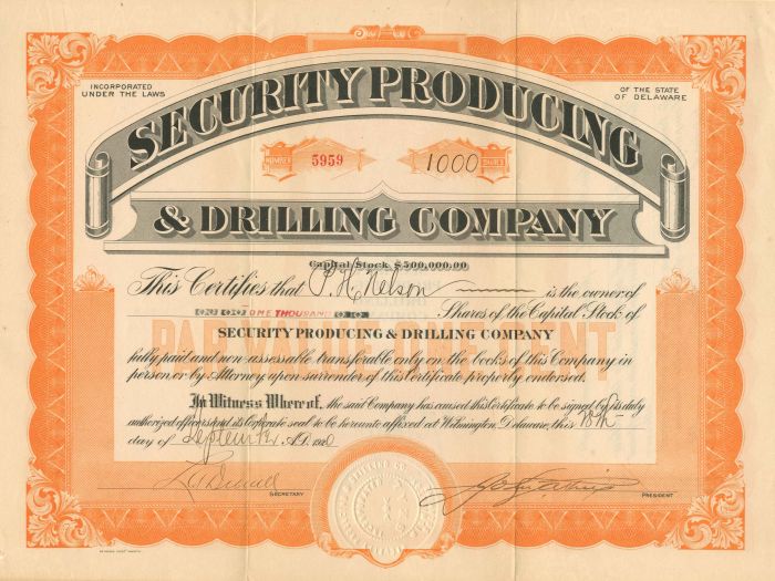 Security Producing and Drilling Co. - Stock Certificate