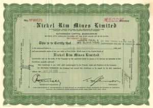 Nickel Rim Mines Limited - Stock Certificate