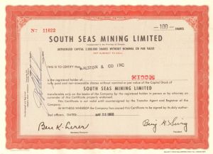 South Seas Mining Limited - 1969-73 dated Canadian Stock Certificate