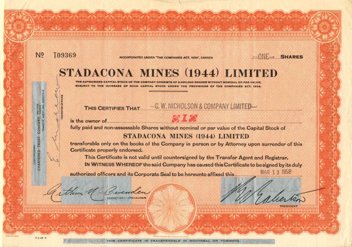 Stadacona Mines (1944) Limited - Stock Certificate