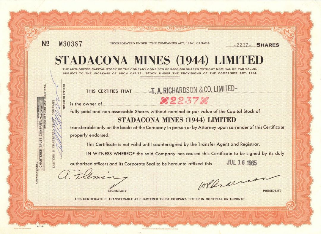 Stadacona Mines (1944) Limited - Stock Certificate