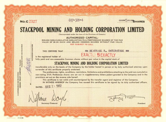 Stackpool Mining and Holding Corporation Limited - Stock Certificate