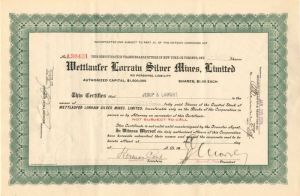 Wettlaufer Lorrain Silver Mines, Limited - Stock Certificate