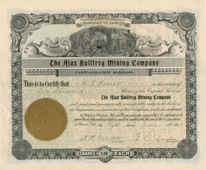 Ajax Bullfrog Mining Co. - Stock Certificate