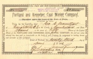 Portland and Kennebec Coal Mining Co. - Stock Certificate