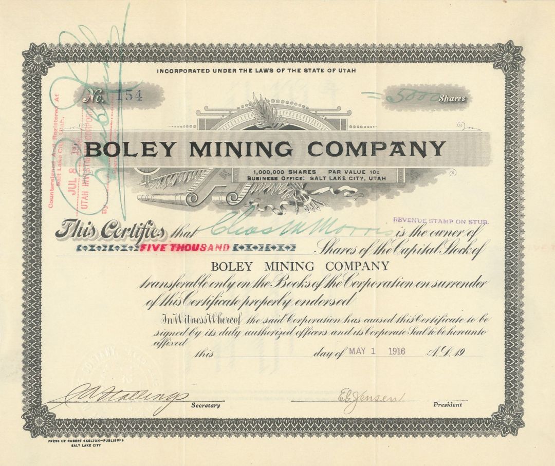 Boley Mining Co. - Stock Certificate