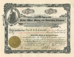 Golden West Mining and Development Co. - Stock Certificate