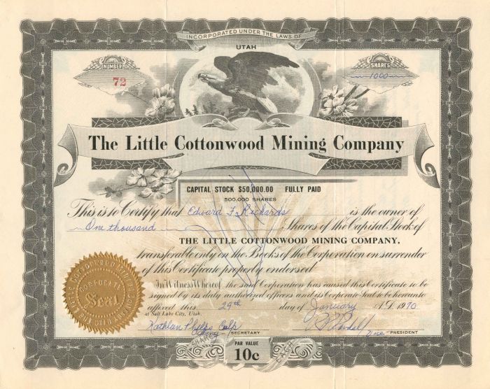 Little Cottonwood Mining Co. - Stock Certificate