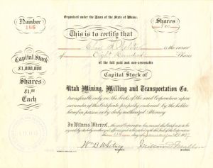 Utah Mining, Milling and Transportation Co. - Stock Certificate