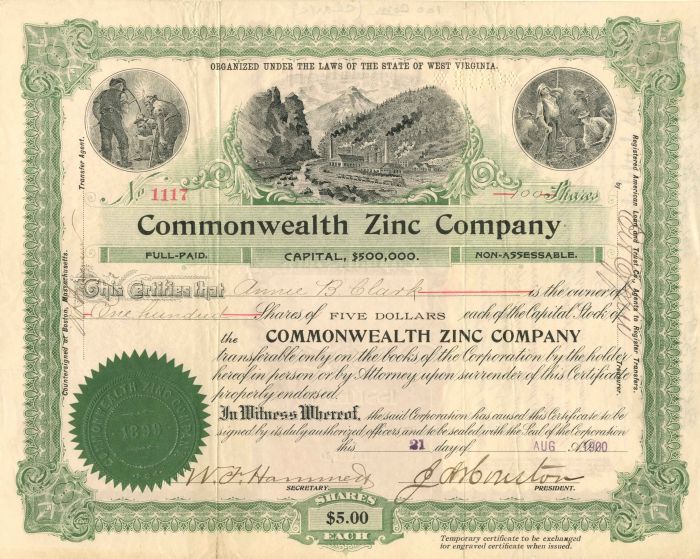 Commonwealth Zinc Co. - Stock Certificate