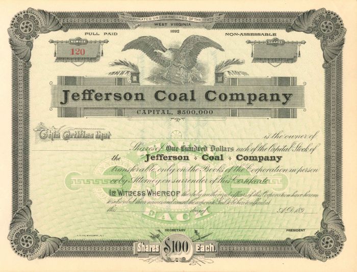 Jefferson Coal Co. - Stock Certificate