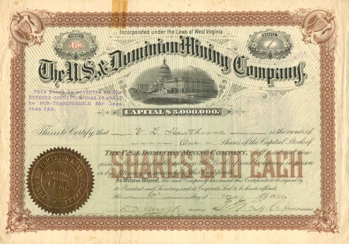 U.S. and Dominion Mining Co. - Stock Certificate