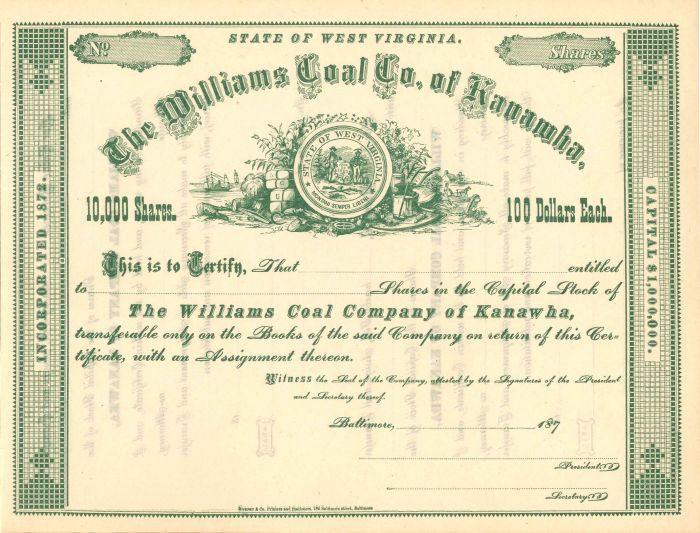 Williams Coal Co. of Kanawha - Stock Certificate