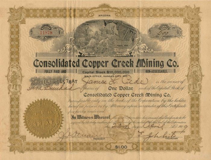 Consolidated Copper Creek Mining Co. - Stock Certificate