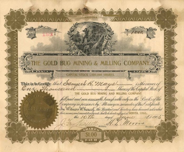 Gold Bug Mining and Milling Co. - Stock Certificate