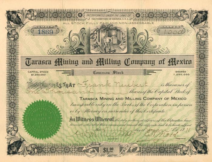 Tarasca Mining and Milling Co. of Mexico - Stock Certificate