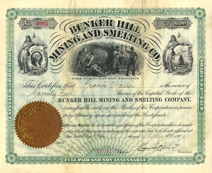 Bunker Hill Mining and Smelting Co. - Mines near Index, Washington - 1900's dated Washington and Arizona Mining Stock Certificate