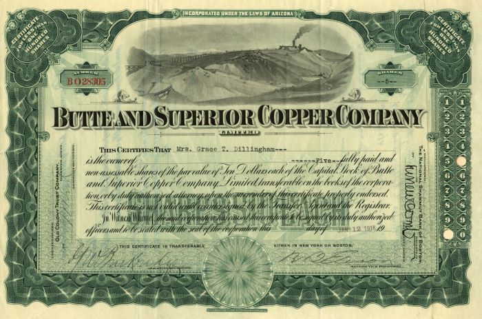 Butte and Superior Copper Co. - Stock Certificate