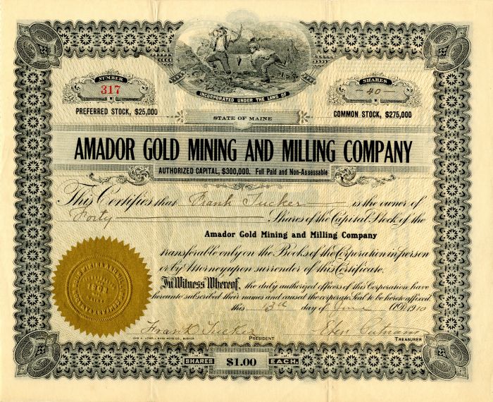 Amador Gold Mining and Milling Co. - Stock Certificate