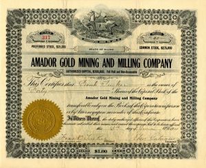 Amador Gold Mining and Milling Co. - Stock Certificate