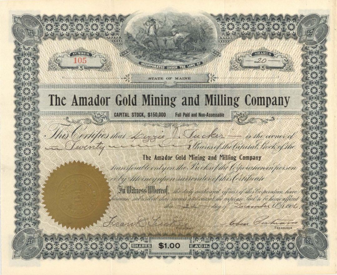 Amador Gold Mining and Milling Co. - 1906-1911 dated Stock Certificate
