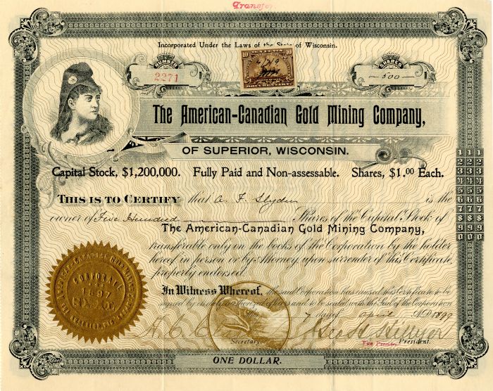 American-Canadian Gold Mining Co., of Superior Wisconsin - Stock Certificate