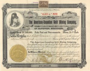 American-Canadian Gold Mining Co., of Superior Wisconsin - 1898 or 1899 dated Stock Certificate